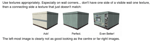 The corner of a wall textured in three ways. The first has mismatched textures. The second has identical textures. The third has thematically-related textures.