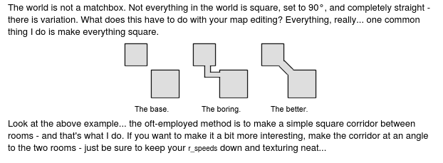 Two disjoint, unconnected square rooms. Two square rooms connected via an ‘L’-shape corridor. Two square rooms connected by a diagonal corridor from the corner of one room to the other.