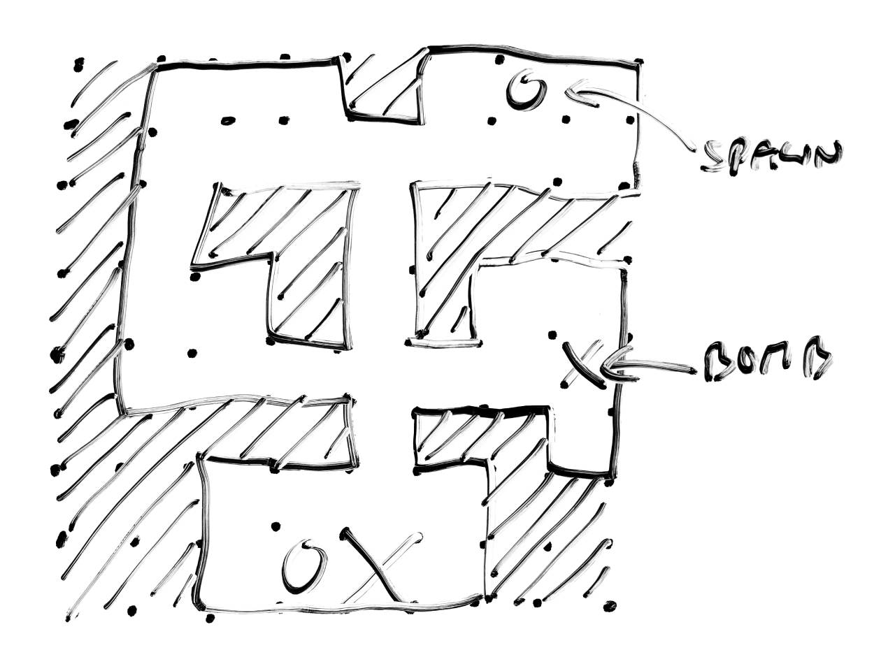 A low-fidelity, hand-drawn diagram showing a basic map layout against a 16x16 grid.